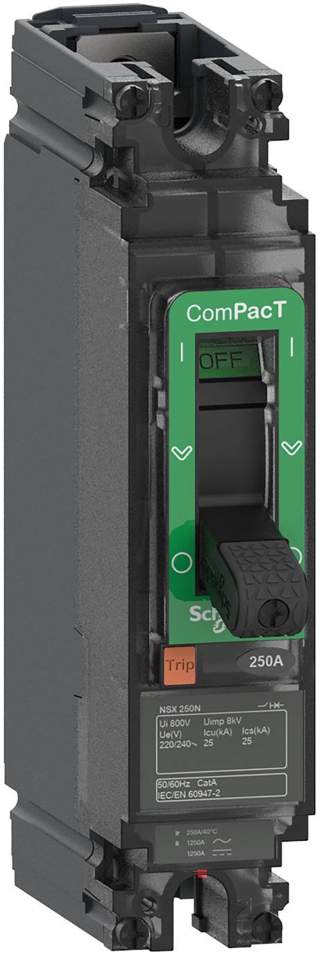 Nahaufnahme eines schwarzen elektrischen Schutzschalters mit grünem Frontpaneel mit der Bezeichnung „ComPacT