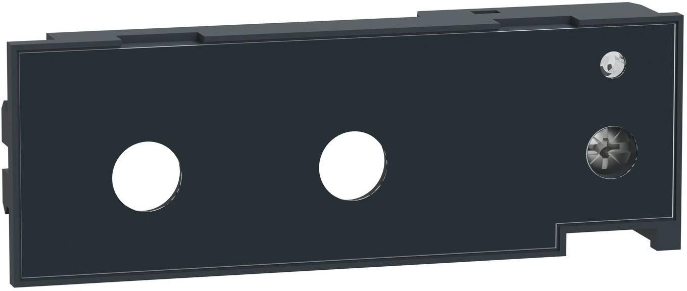 Schwarze rechteckige Montageplatte mit zwei großen Kreislöchern und zwei kleineren Befestigungslöchern, dargestellt in Seitenansicht.