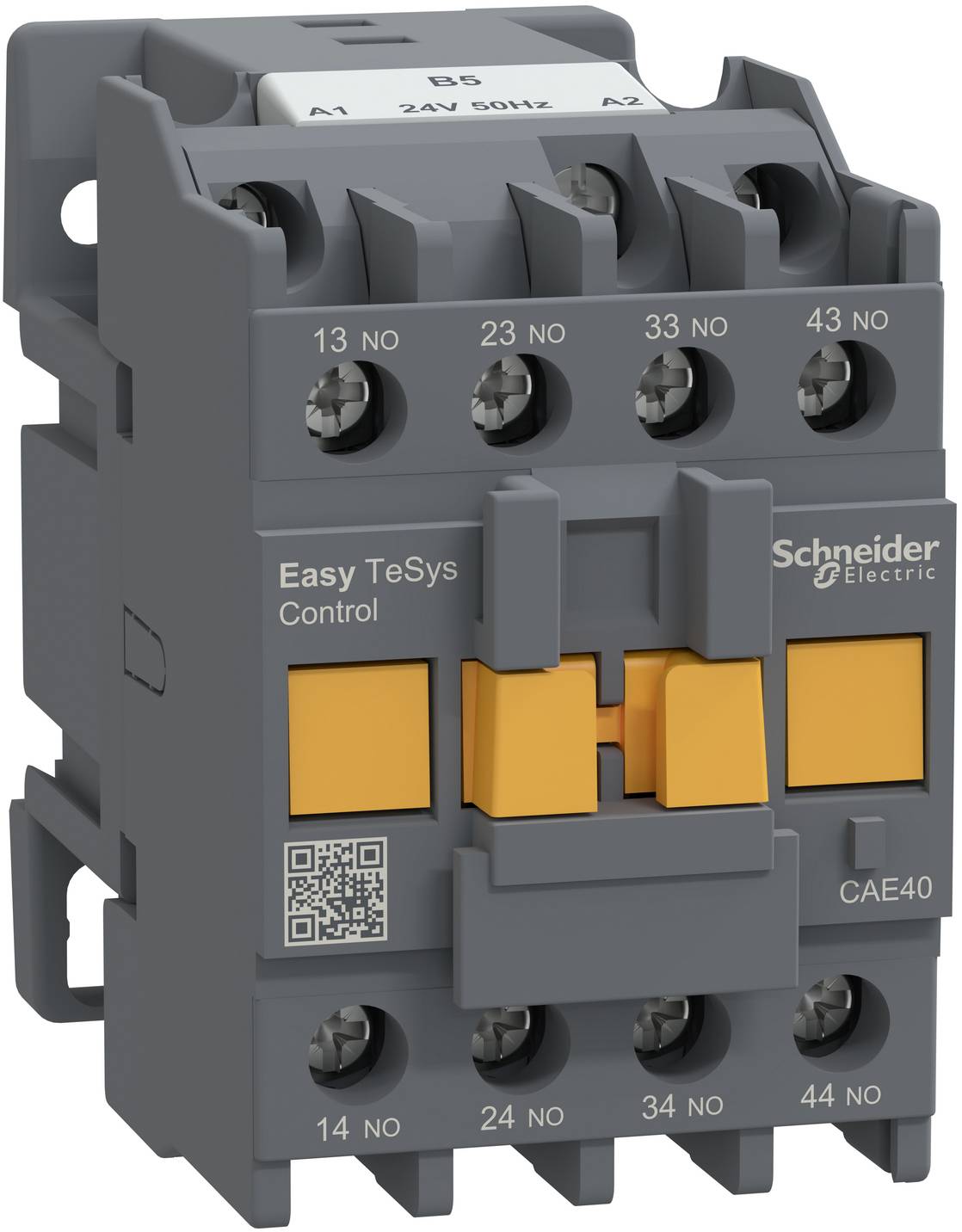 Grauer Schneider Electric Easy TeSys Control CAE40 Schütz mit vier orangefarbenen Druckknöpfen und beschrifteten Klemmen.