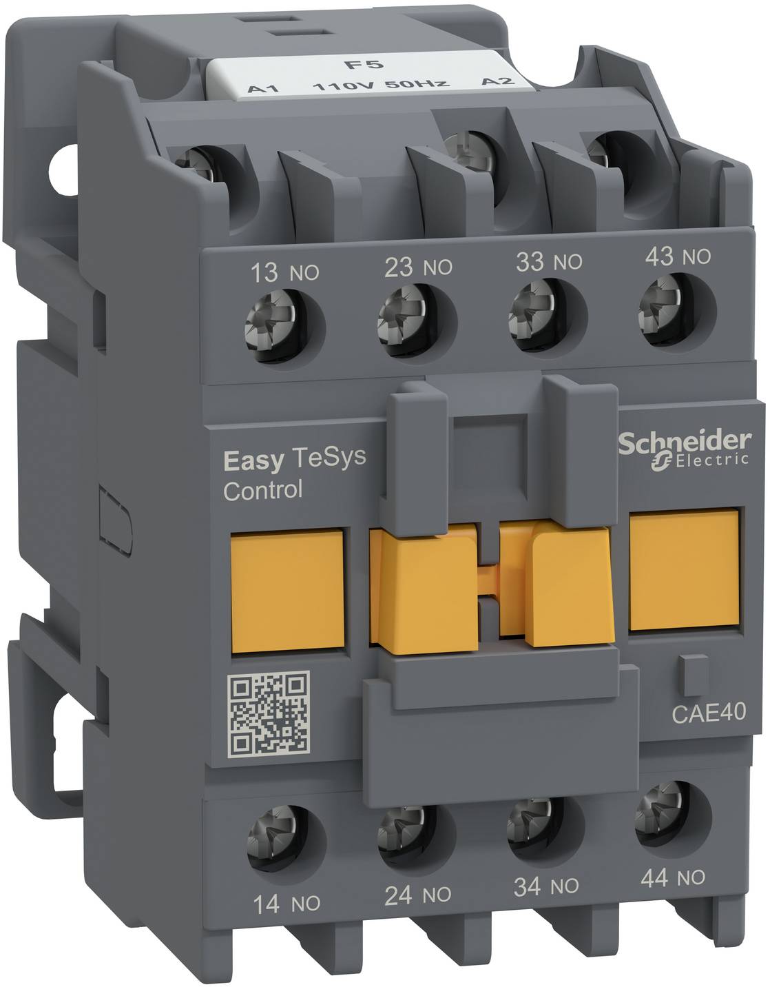 Grauer Schneider Electric Easy TeSys Control CAE40 Schütz mit orangefarbenen Schaltflächen und beschrifteten Anschlüssen auf weißem Hintergrund.