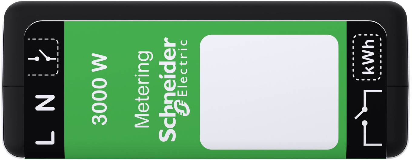 Grünes Schneider Electric 3000-W-Messinstrument mit leerem weißem Display und schwarzen Endkappen mit den Markierungen L, N und kWh.