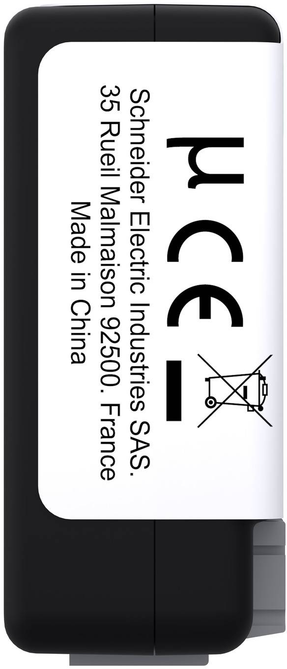 Nahaufnahme eines Gerätelabels der Marke Schneider Electric mit CE-Kennzeichnung, durchgestrichenem Behältersymbol und Text: „Schneider Electric Industries SAS, 35 Rueil Malmaison 92500, Frankreich, hergestellt in China