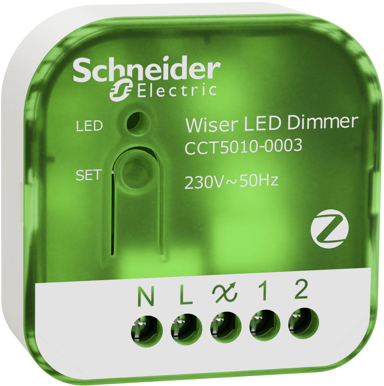 Grüner Schneider Electric Wiser LED-Dimmmodul mit der Bezeichnung CCT5010-0003, 230V~50Hz, mit N-, L- und 1-, 2-Anschlüssen.