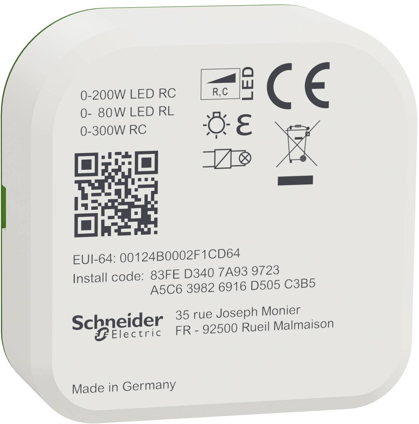 Nahaufnahme eines Schneider Electric-Geräteschildes, auf dem LED-Leistungswerte, Konformitätssymbole, QR-Code, Installationscode und 