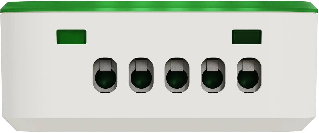 Frontansicht eines weißen elektronischen Geräts mit grünem oberen Rand, das fünf ovale Öffnungen und zwei kleine rechteckige Indikatoren darüber zeigt.