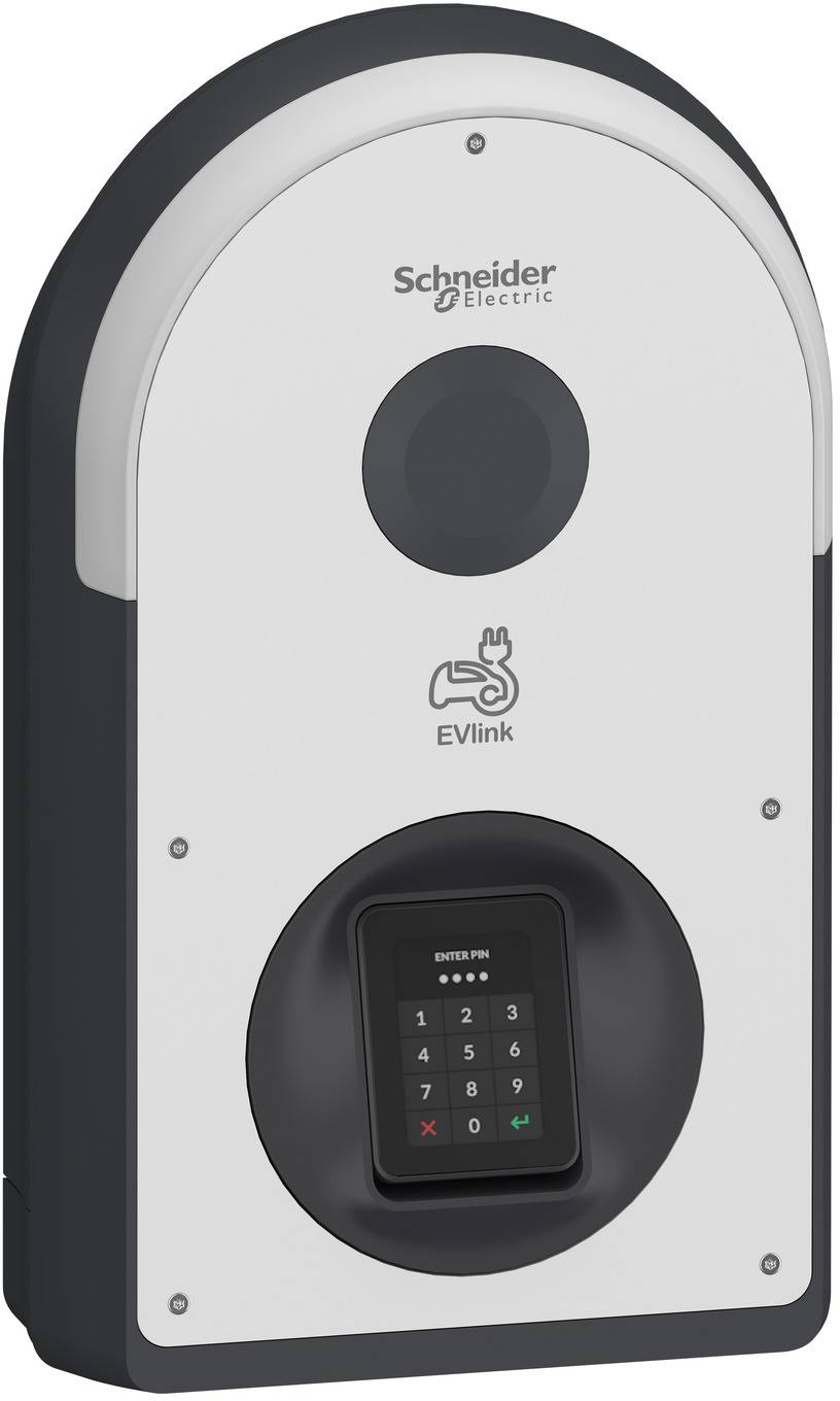 Schneider Electric EVlink Ladestation für Elektrofahrzeuge mit einem kreisförmigen zentralen Bedienfeld und Tastatur unten für den Benutzerzugriff.