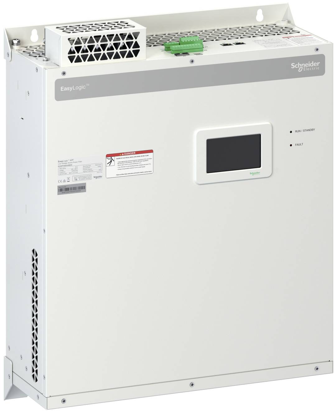 Weißer Schneider Electric EasyLogic Industrieschaltschrank mit kleinem Display, Statusleuchten und Belüftungsmodulen oben.