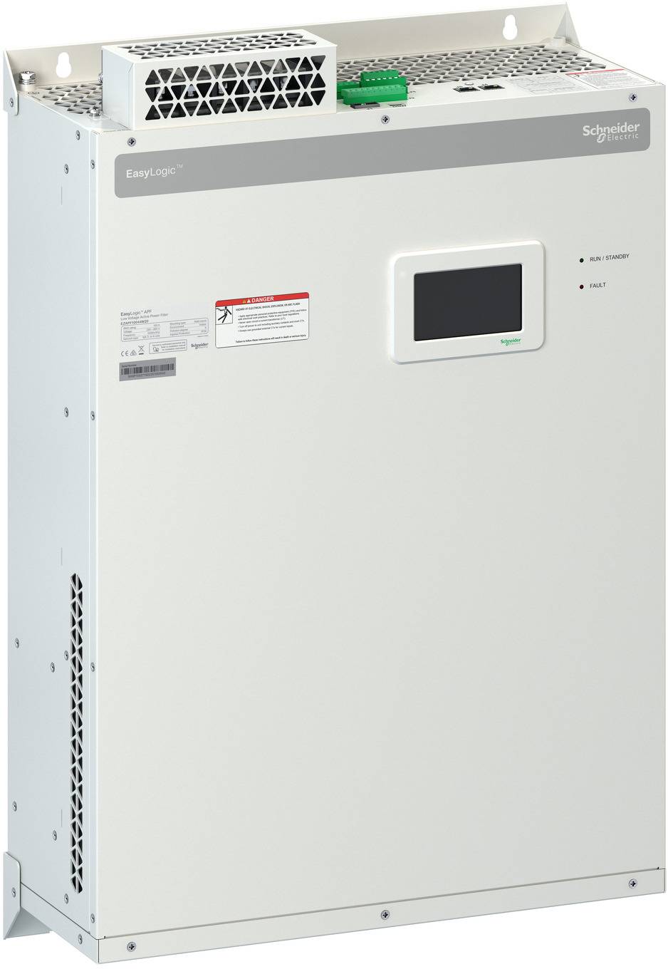 Weißer Schneider Electric EasyLogic Schaltschrank mit kleinem Display, Statusleuchten und oberen Belüftungsgittern.