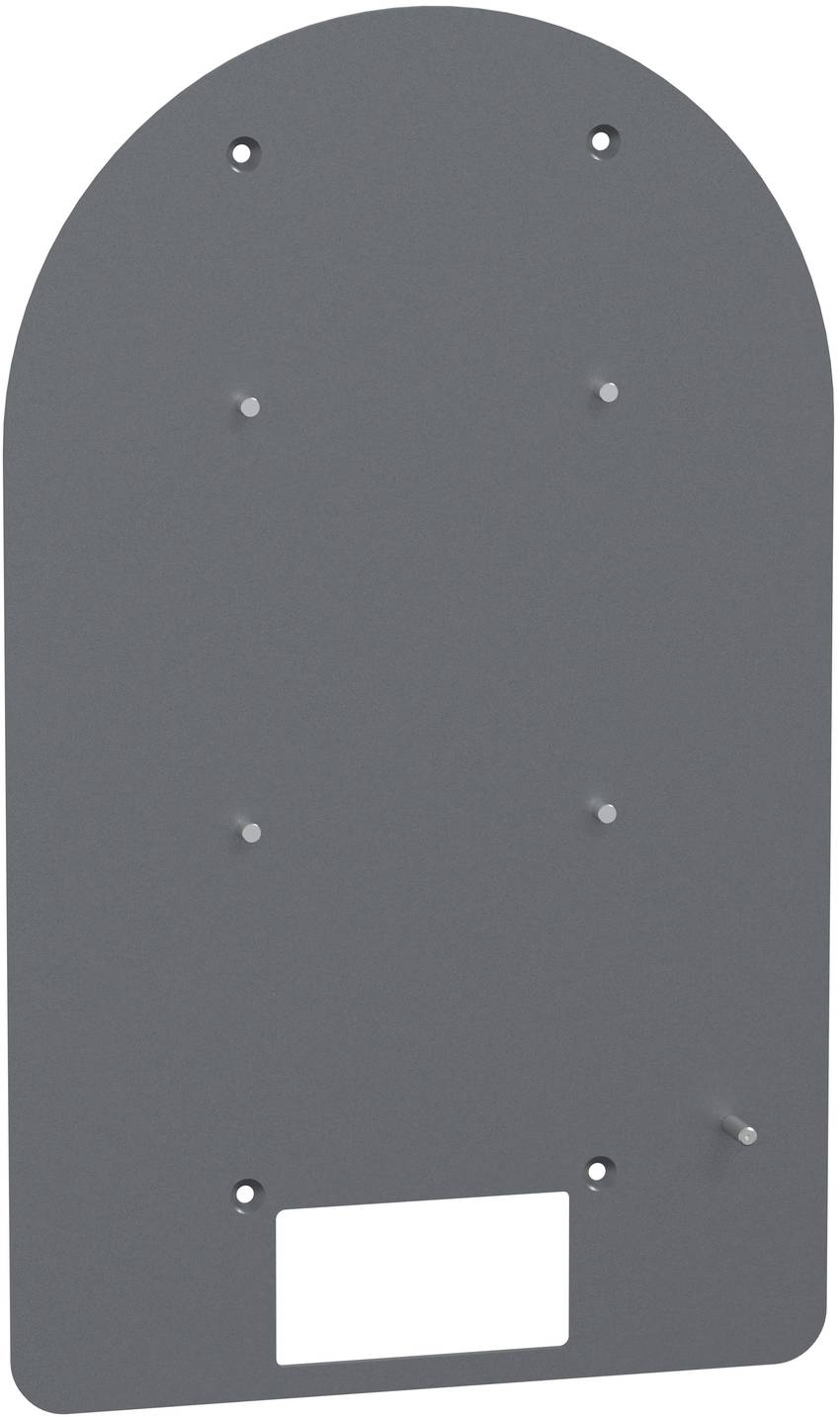 Graue Metallmontageplatine mit abgerundeter Oberseite, mehreren Schraubenlöchern und einer rechteckigen Aussparung in der Nähe des unteren Endes.