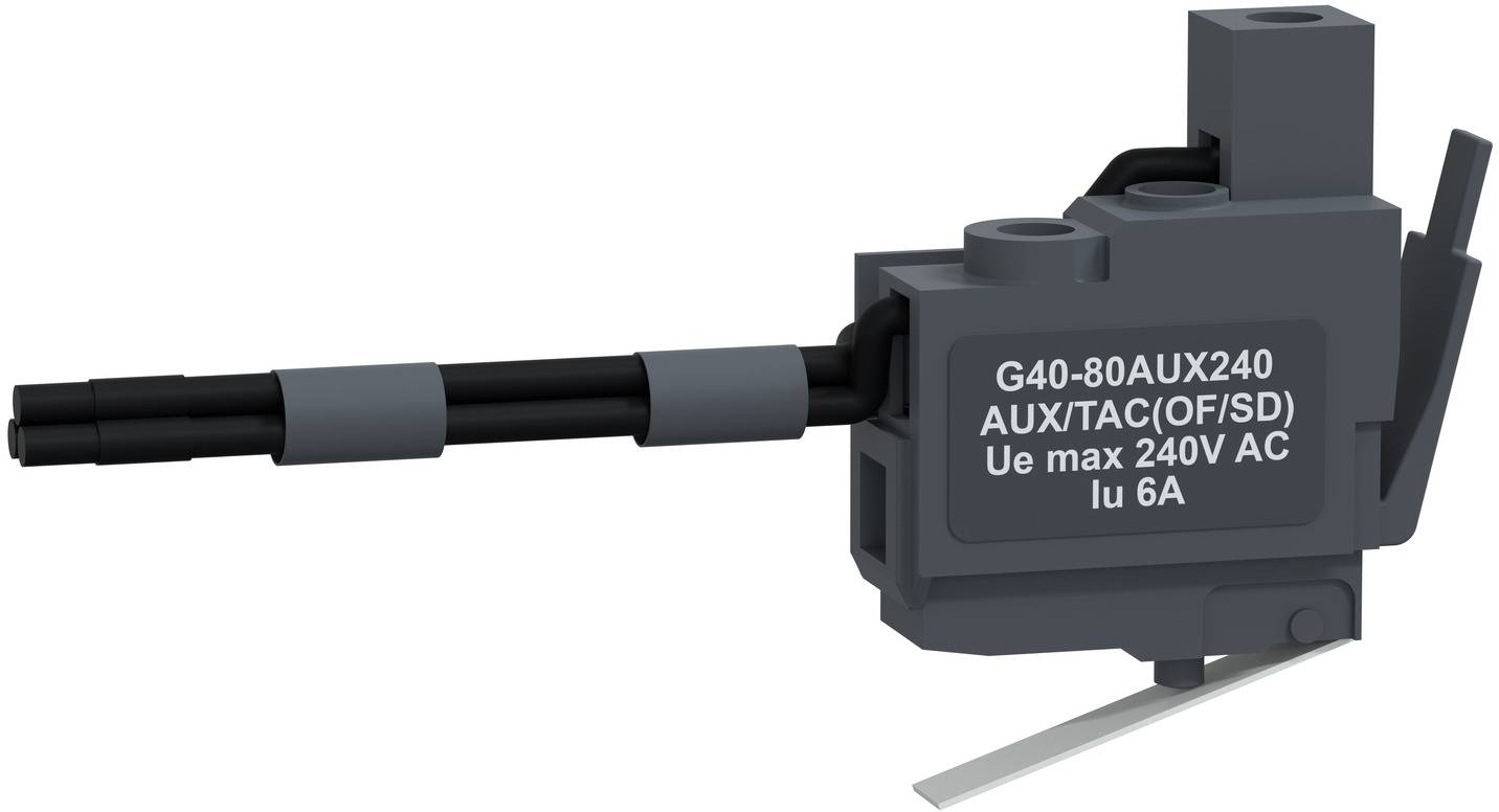 Schwarze Elektroschalter-Komponente mit langem Betätigungsstab, gekennzeichnet mit 'G40-80AUX240 AUX/TAC(OF/SD) Ue max 240V AC Iu 6A'.