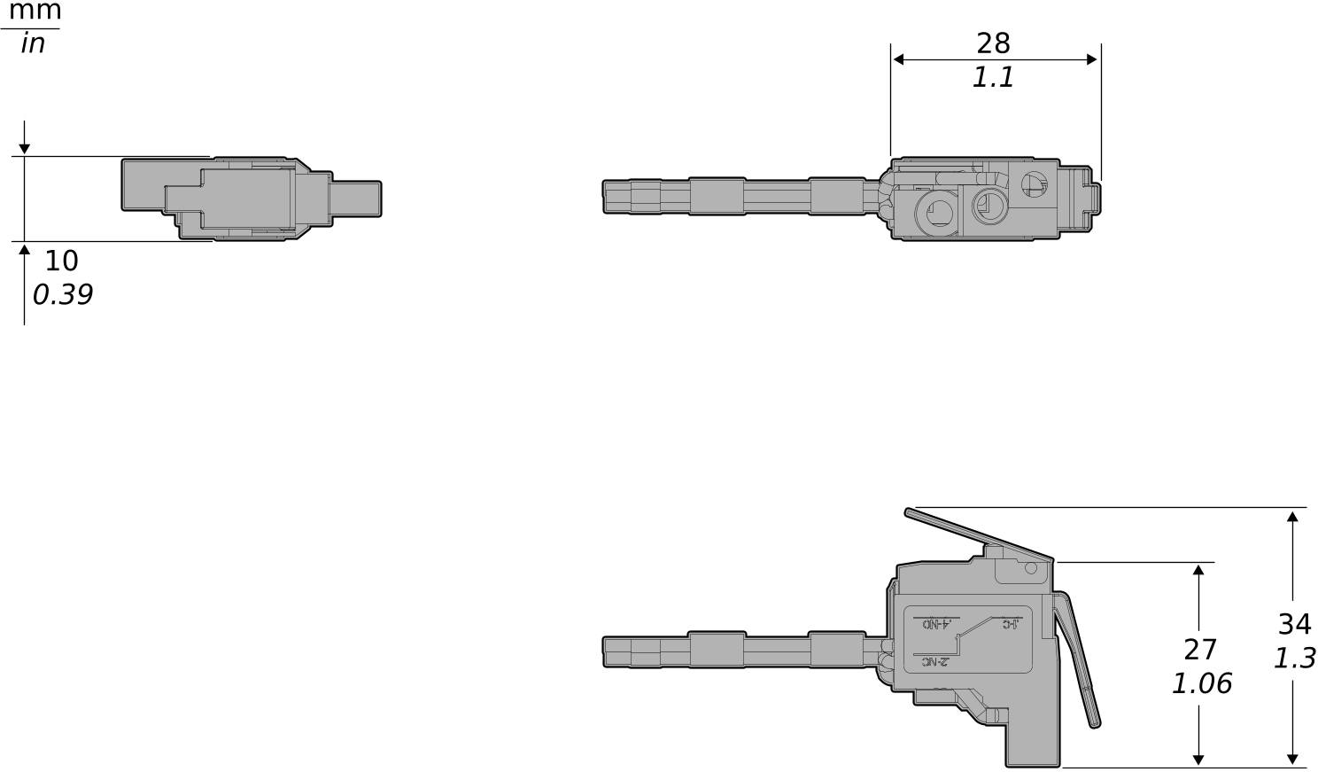 Technische Zeichnung eines kompakten mechanischen Werkzeugteils mit Seiten- und Vorderansicht mit Abmessungen in mm und Zoll gekennzeichnet.