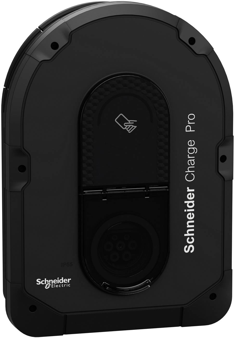 Schneider Electric Charge Pro wandmontierte EV-Ladeeinheit in Schwarz, Vorderansicht mit Branding und Ladeanschlussabdeckung.