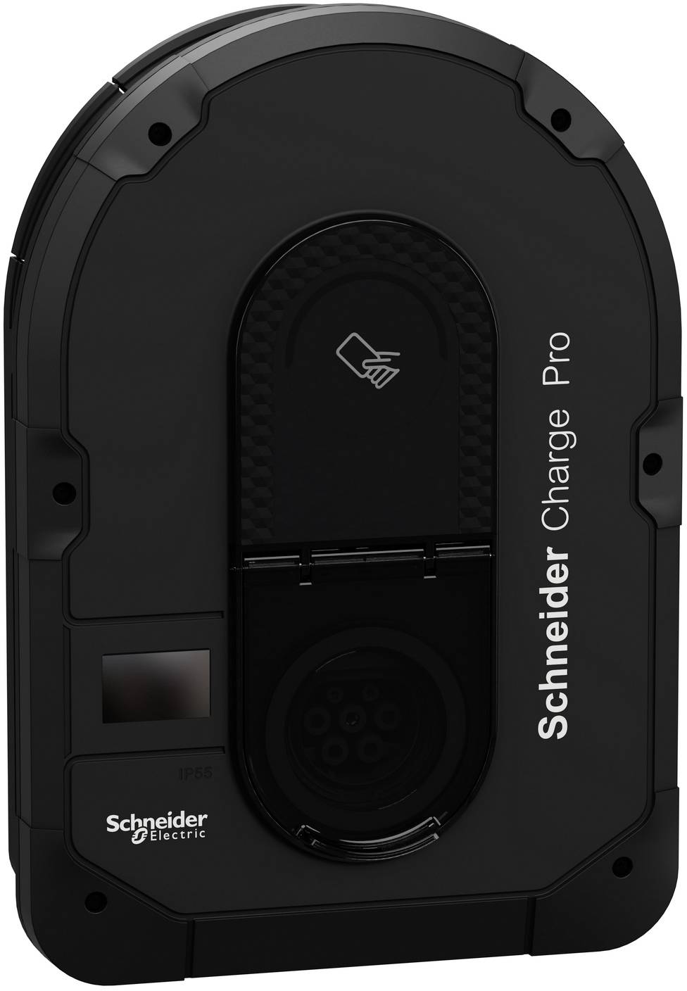 Schneider Electric Charge Pro wandmontierte EV-Ladestation, schwarz, mit frontalem Ladeanschluss und RFID-Tap-Symbol.