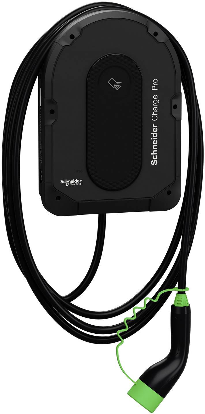 Schwarzes Schneider Charge Pro EV-Ladegerät mit angeschlossenem Kabel und Stecker auf weißem Hintergrund
