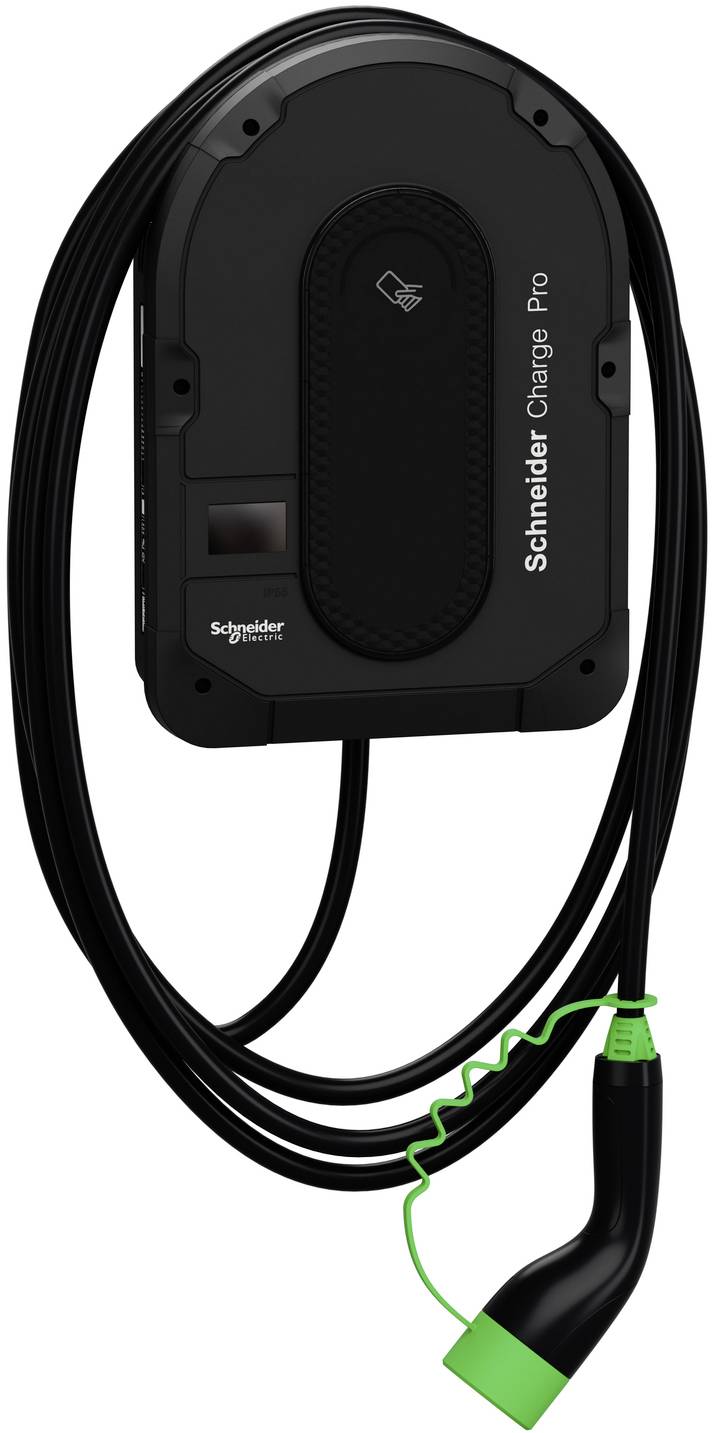 Schneider Charge Pro wandmontiertes Elektrofahrzeug-Ladegerät mit aufgewickeltem Kabel und Stecker hängend darunter