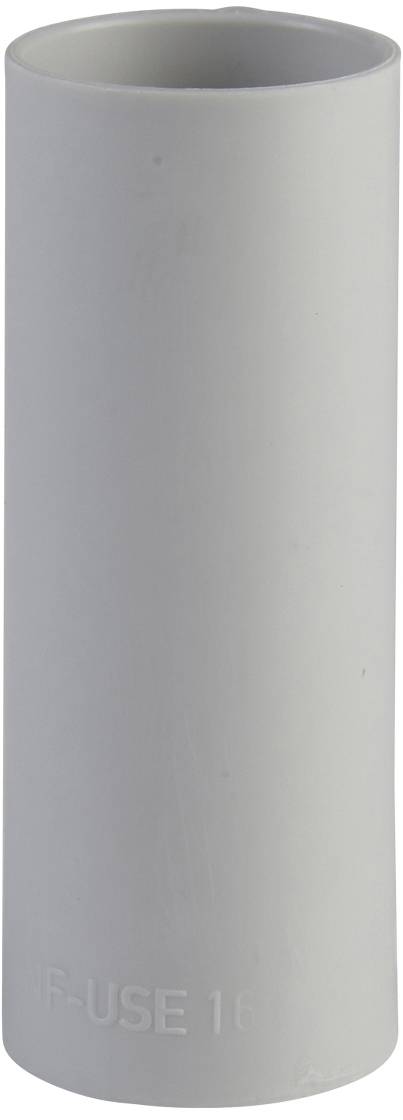 Grauer zylindrischer PVC-Rohrverbinder mit schwach erhabener Schrift in der Nähe des unteren Bereichs