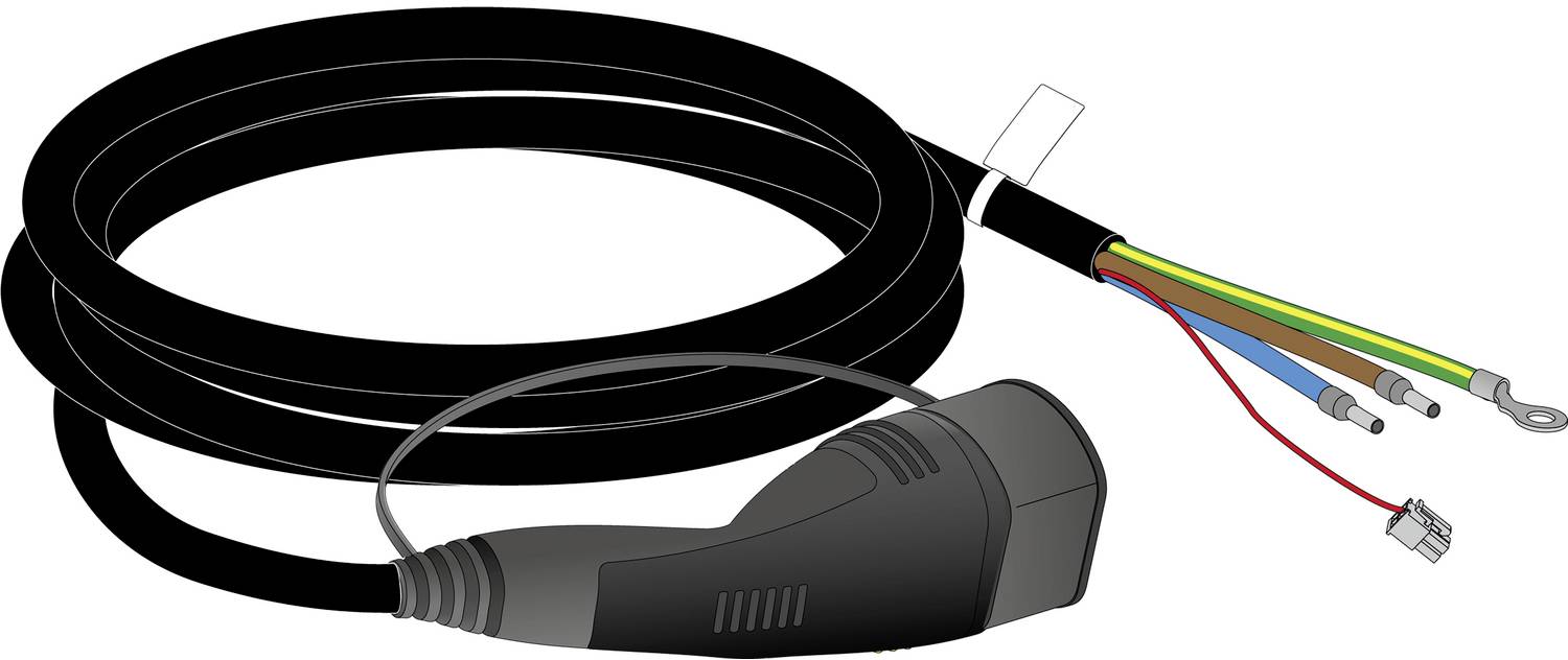 Schwarzes EV-Ladekabel mit Stecker und freigelegten farbigen Drähten am Ende, das eine Schnittfläche oder ein beschädigtes Kabelende zeigt.