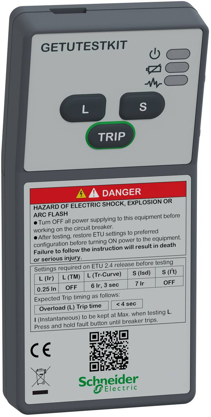 Tragbares Prüfgerät GETUTESTKIT von Schneider Electric mit Tasten und Warnaufkleber zum Testen der Auslösung von Fehlerstromschutzschaltern.