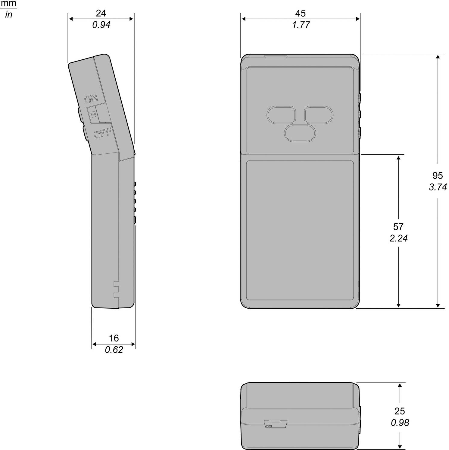 Technische Zeichnung einer kleinen tragbaren Fernbedienung/Steuerung, dargestellt in Seiten-, Vorder- und Unteransicht mit Abmessungen 95 x 45 x 24 mm und einem EIN/AUS-Schalter.
