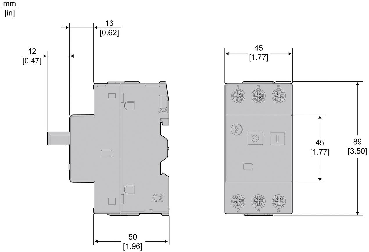 Technische Zeichnung einer rechteckigen elektrischen Komponente, dargestellt in Seiten- und Vorderansicht mit Abmessungen in mm und Zoll: 50 x 89 x 45, mit Tiefen von 16 mm und 12 mm.