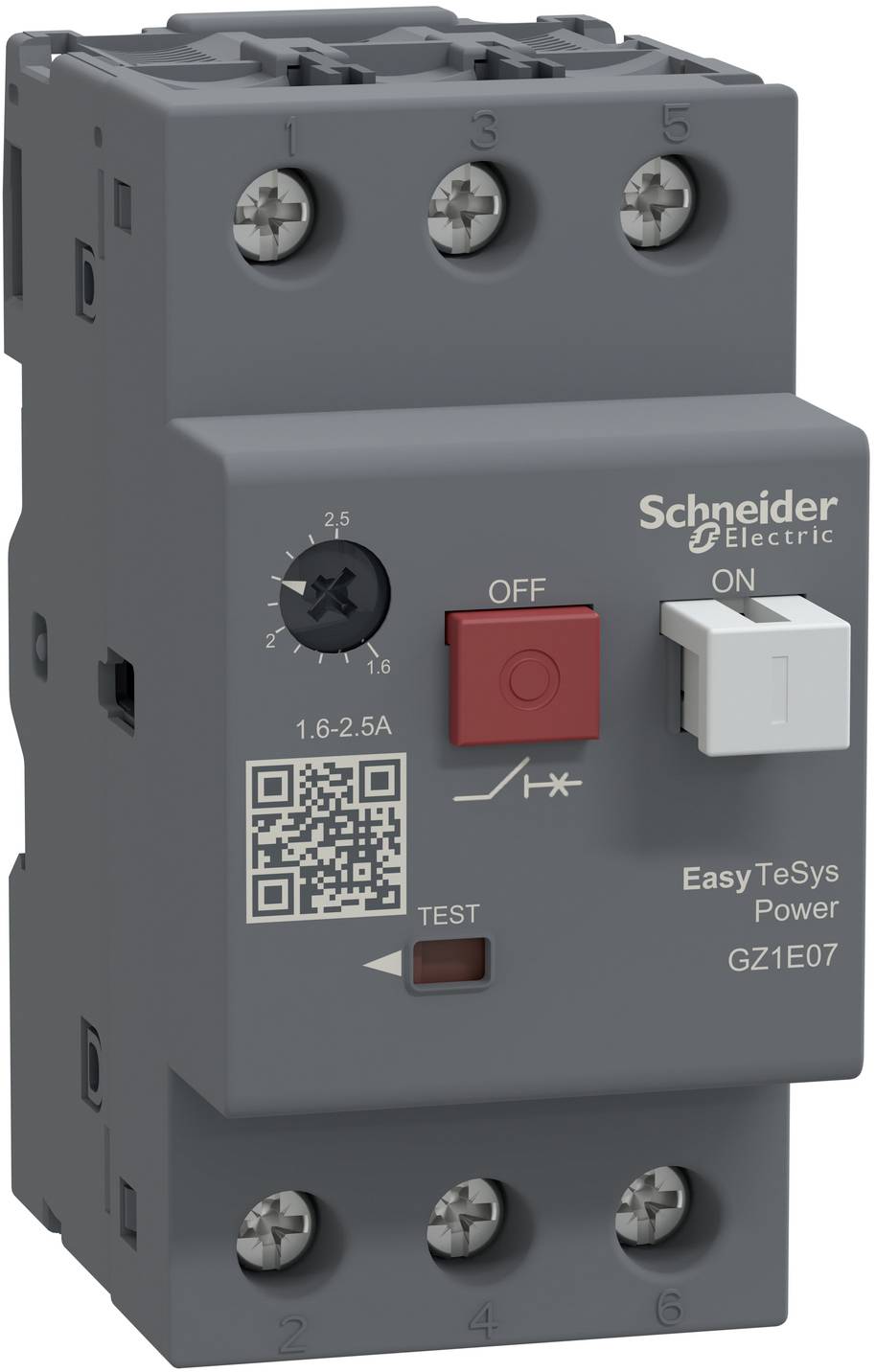 Schneider Electric EasyTeSys Power GZ1E07 Motorschutzschalter mit AUS- und EIN-Schaltern, Stromeinstellregler und TEST-Taste.