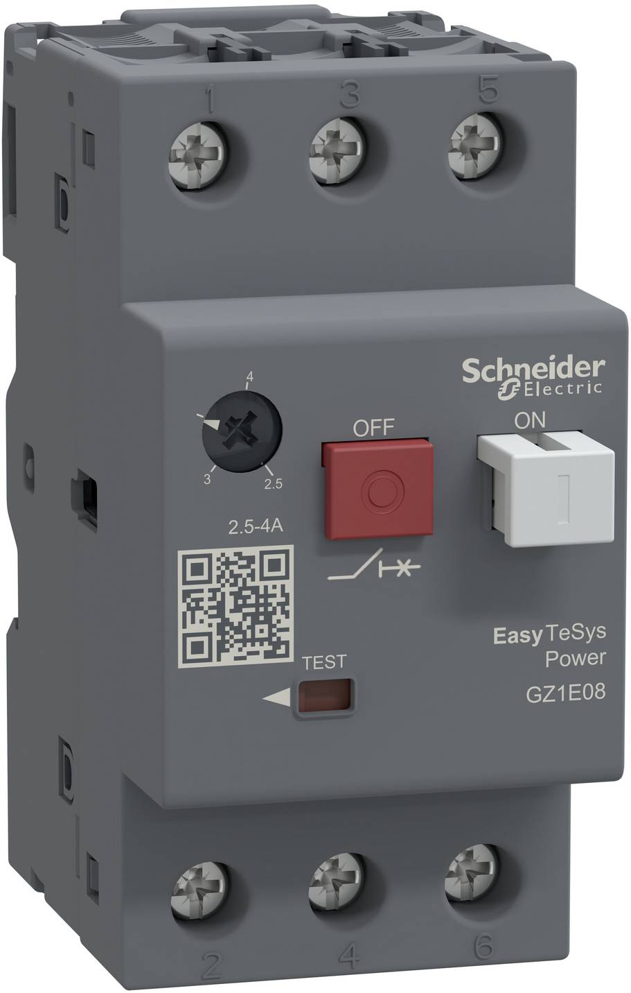 Schneider Electric EasyTeSys Power GZ1E08 Leitungsschutzschalter mit EIN-/AUS-Schaltern, Testschaltfläche und Stromeinstellregler auf einem grauen Gerät.