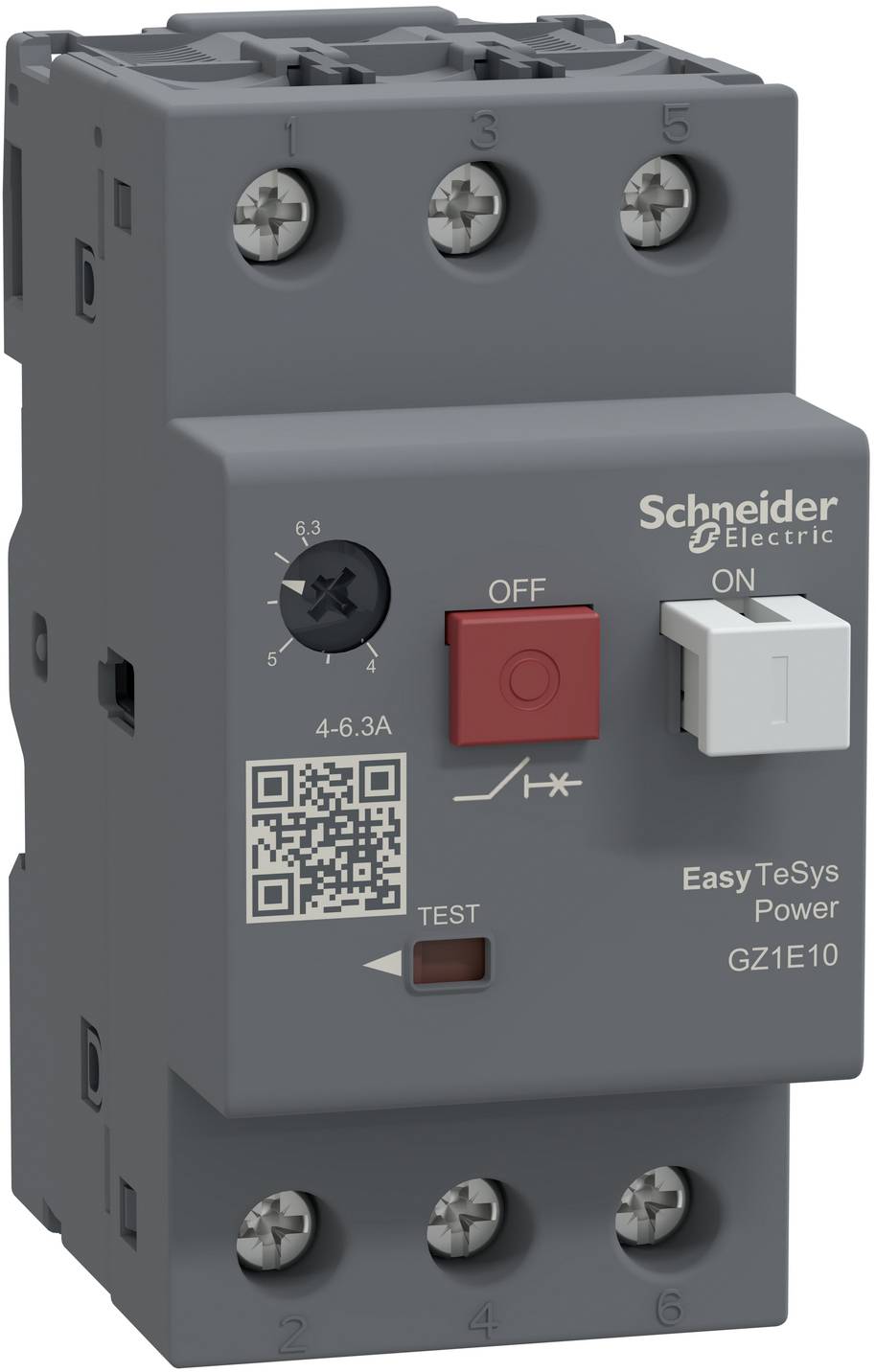 Schneider Electric EasyTeSys Power GZ1E10 Motorschutzschalter mit drehbarer Stromeinstellung, AUS-/EIN-Schalter, Prüftaste und Klemmschrauben.