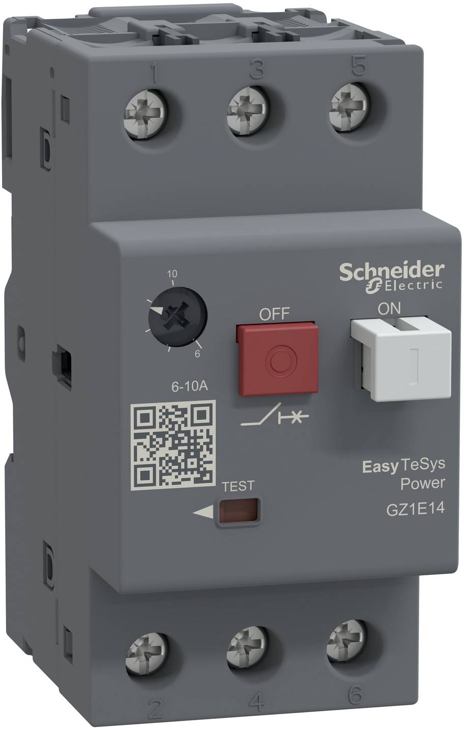 Grauer Schneider Electric EasyTeSys Leistungsschutzschalter mit EIN/AUS-Schalter, TEST-Taste, QR-Code und Klemmenschrauben.