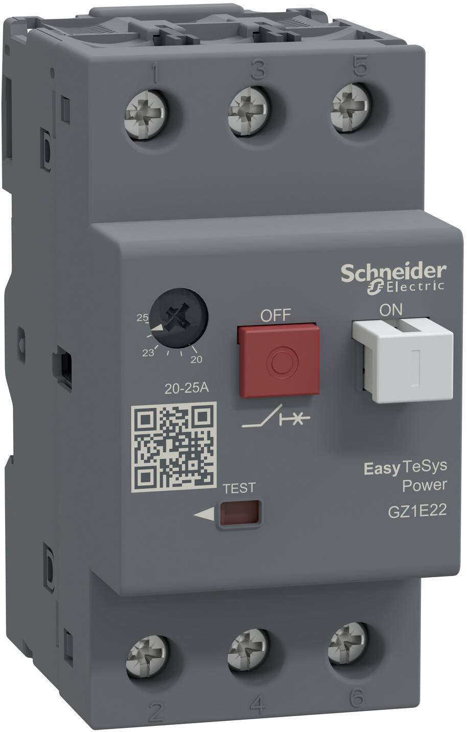 Schneider Electric EasyTeSys Power GZ1E22 Motorschutzschalter mit roten AUS- und weißen EIN-Schaltern, Testtaste und Stromeinstellregler.