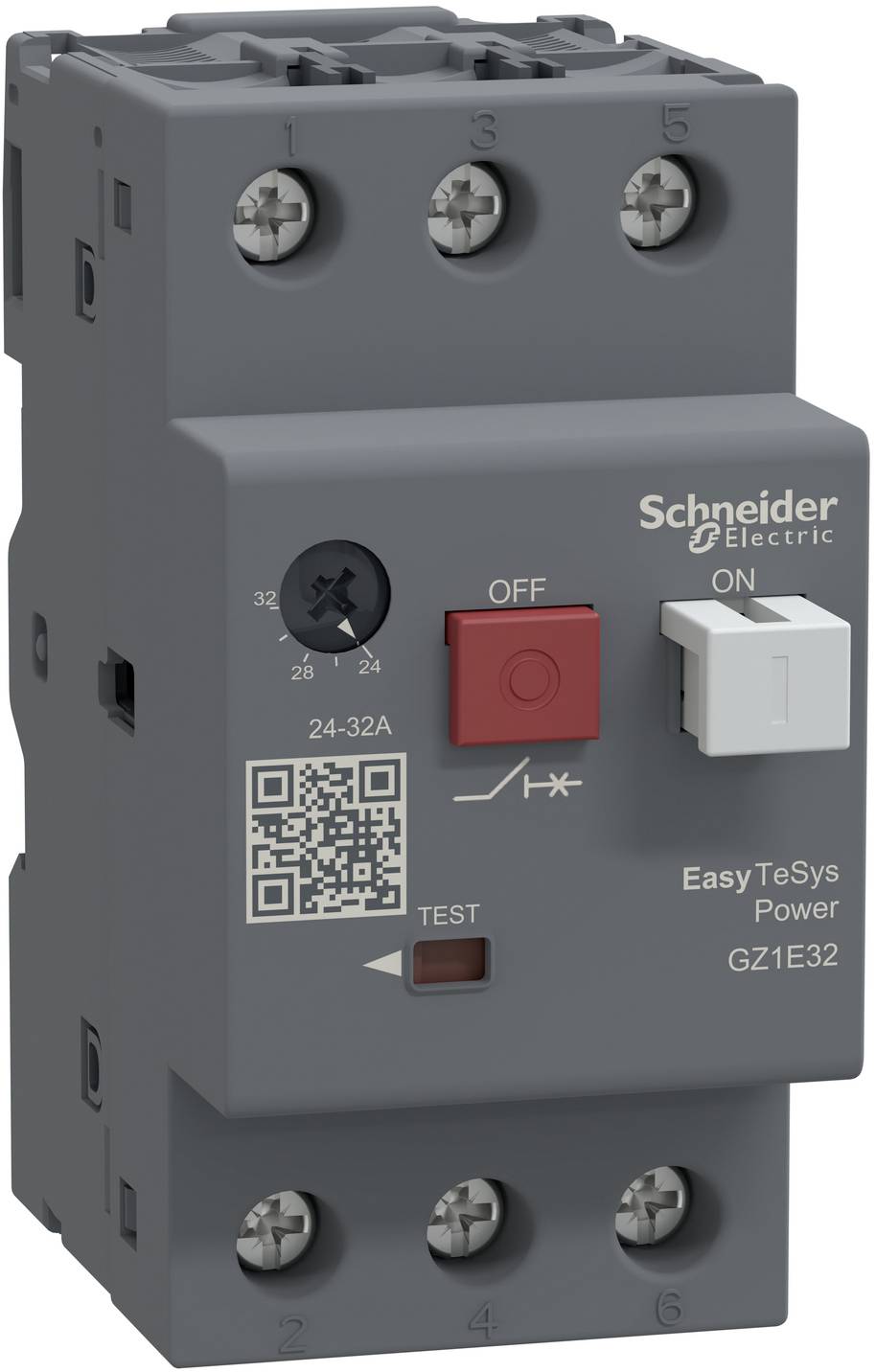Grauer Schneider Electric EasyTeSys Power GZ1E32 Motorschutzschalter mit nummerierten Anschlüssen, AUS-/EIN-Schalter, TEST-Taste und Stromwahlschalter.