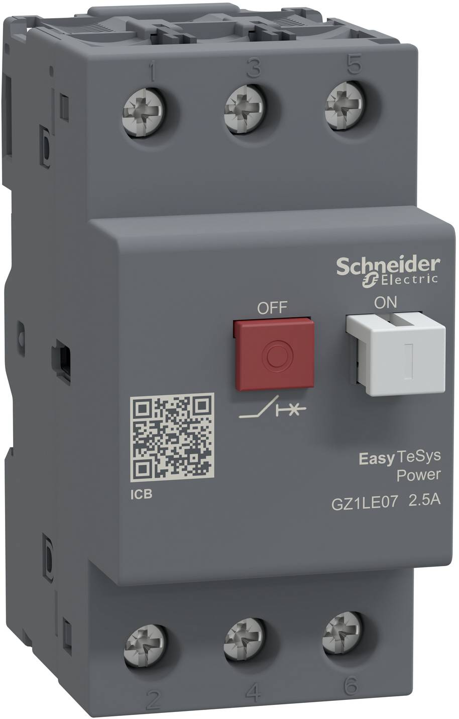 Grauer Schneider Electric EasyTeSys Leistungsschalter mit rotem AUS- und weißem EIN-Schalter, QR-Code und Anschlussschrauben.