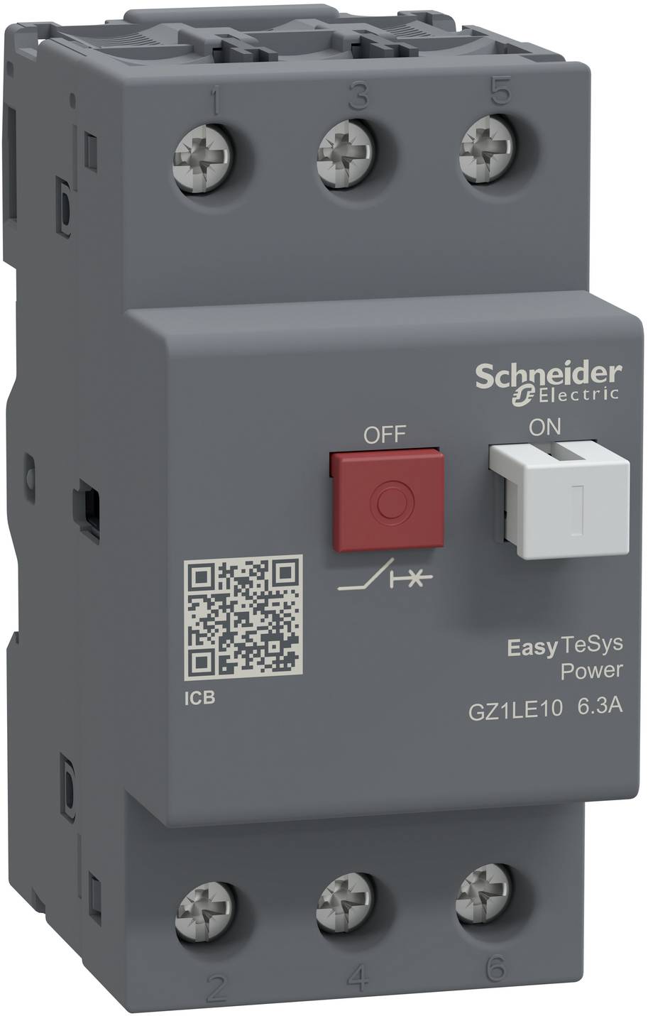 Schneider Electric EasyTeSys Leistungsschalter mit AUS- und EIN-Schaltern, QR-Code und Anschlussbezeichnungen 1-6.