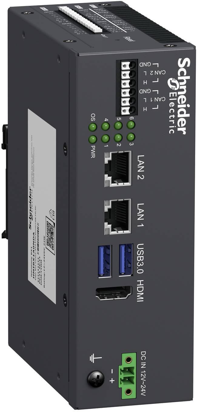 Schneider Electric Industrie-Steuergerät mit LAN1, LAN2, USB 3.0, HDMI und 24V DC-Stromanschlüssen auf der Frontplatte.