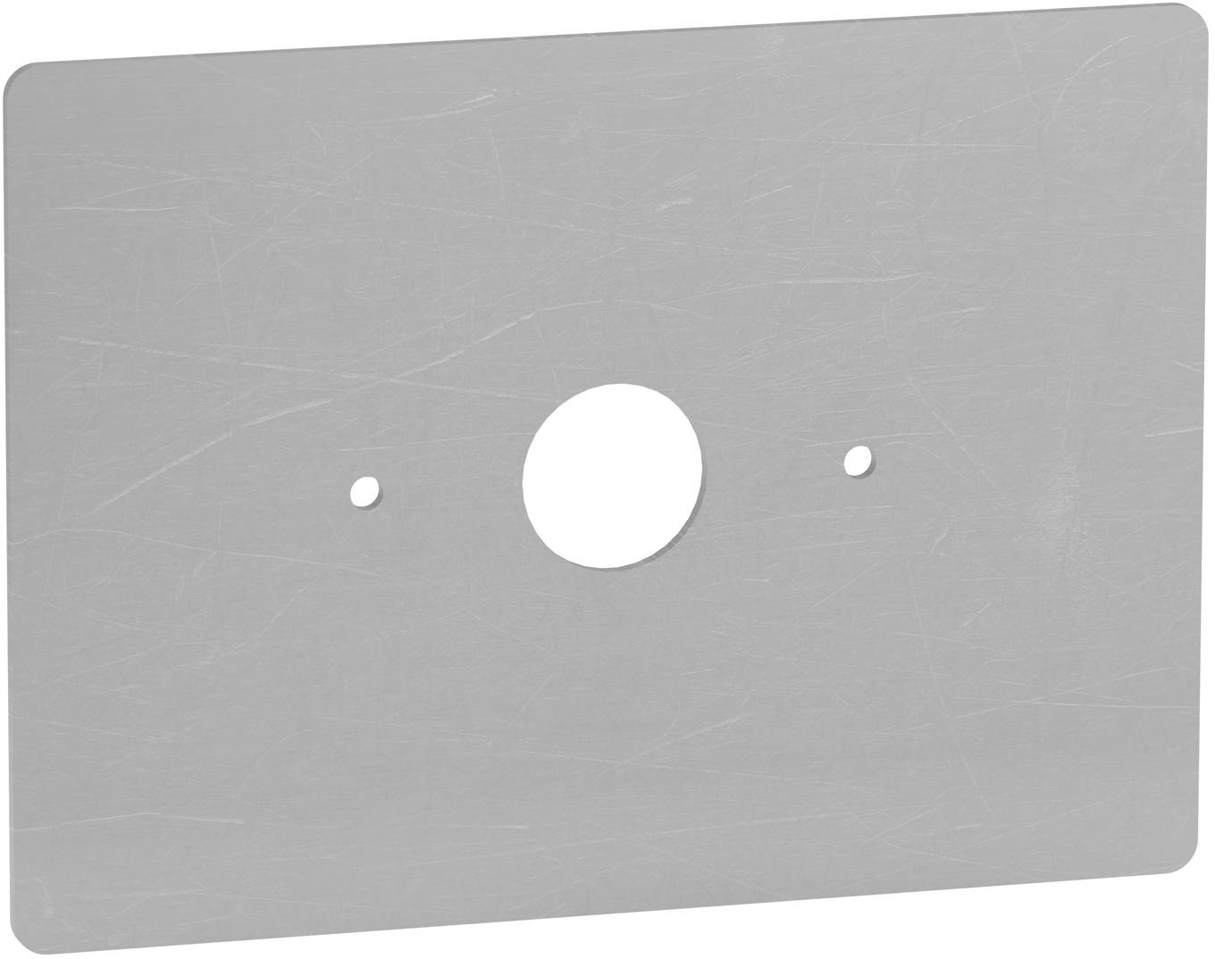 Graue Metallwandplatte mit einem großen mittleren Loch und zwei kleineren Seitenlöchern
