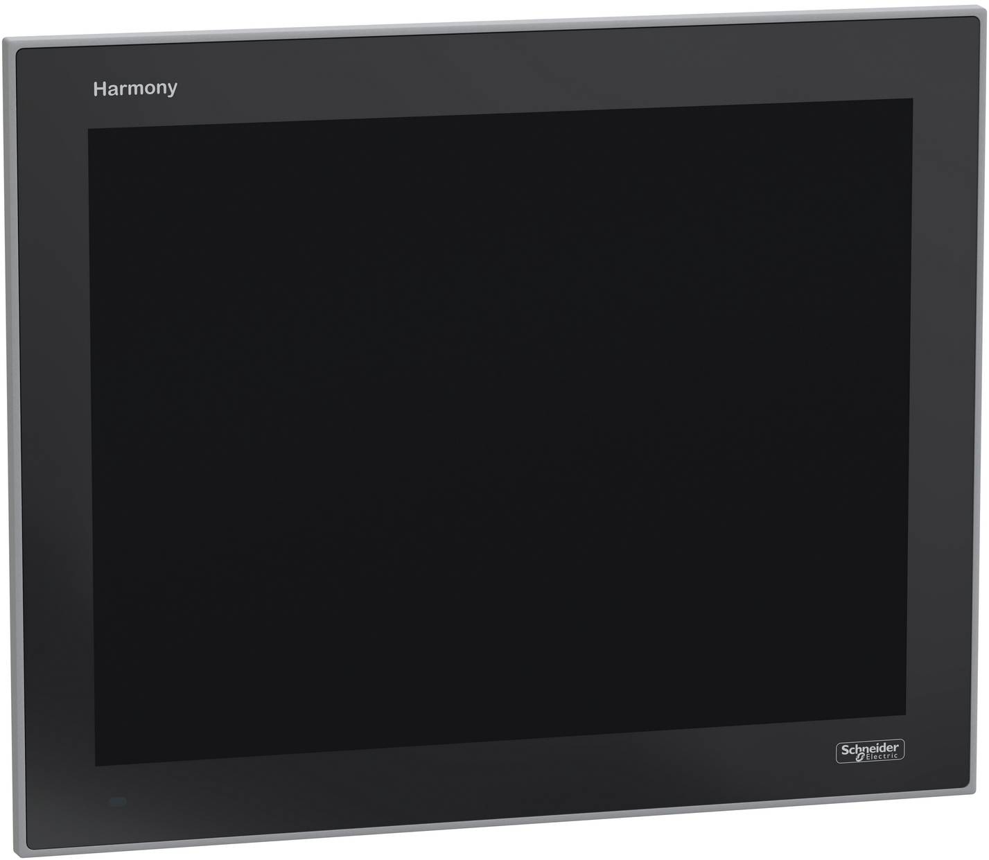 Leeres schwarzes Harmony-Touchscreen-Panel mit Schneider Electric-Logo, angezeigt in einem grau wandmontierten Rahmen.
