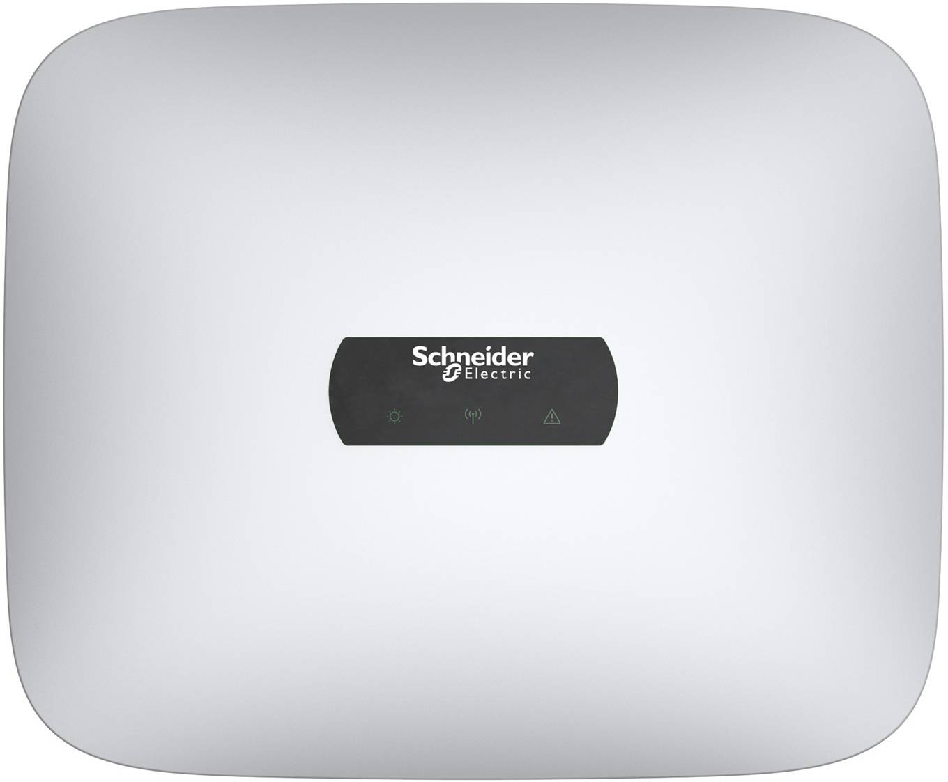 Weißes Wandgerät von Schneider Electric mit einem kleinen zentralen schwarzen Statusfeld und Anzeigesymbolen.