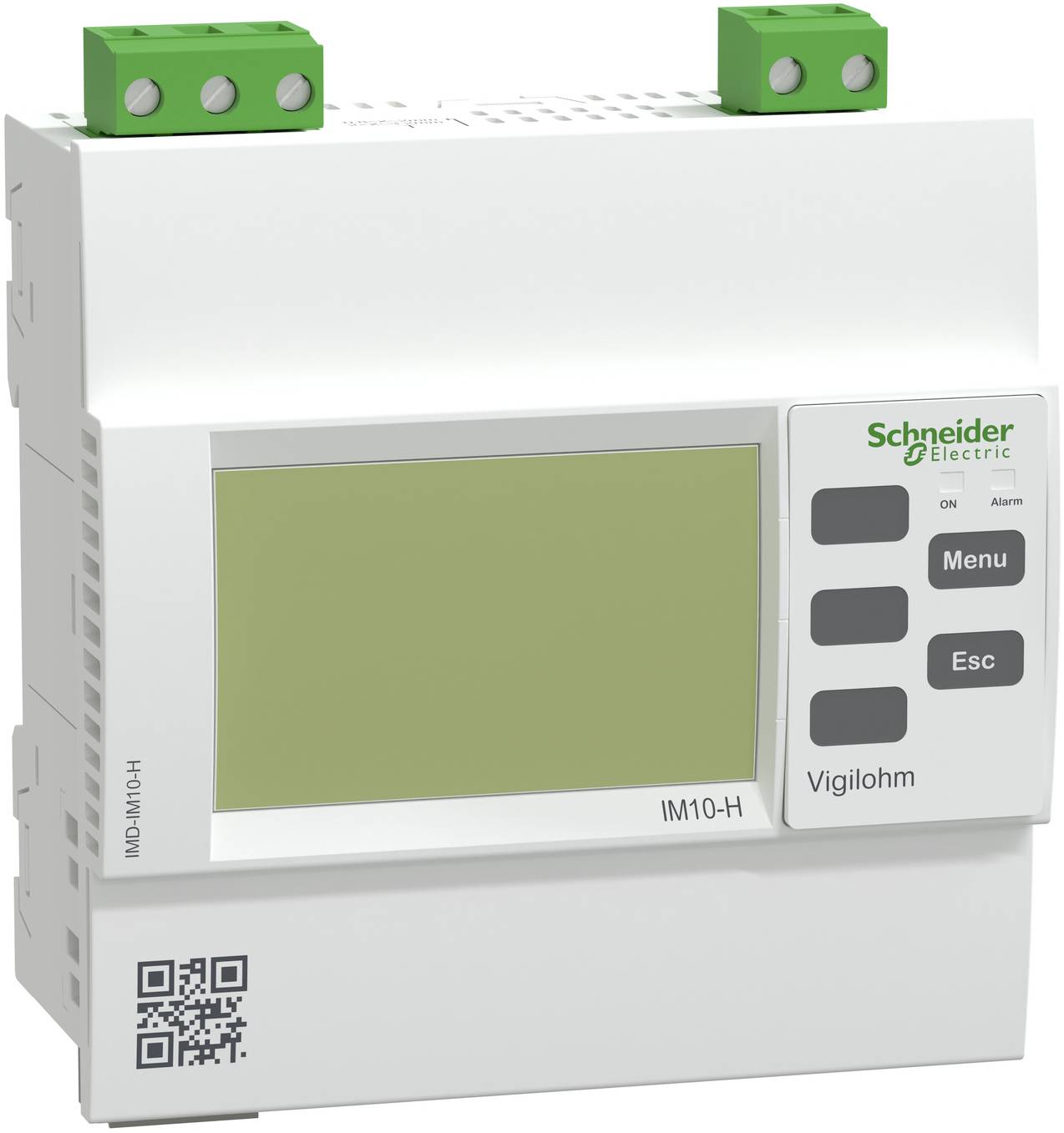 Schneider Electric Vigilohm IM10-H Gerät mit leerem Display, Menü- und Esc-Tasten sowie grünen Anschlussblöcken oben.