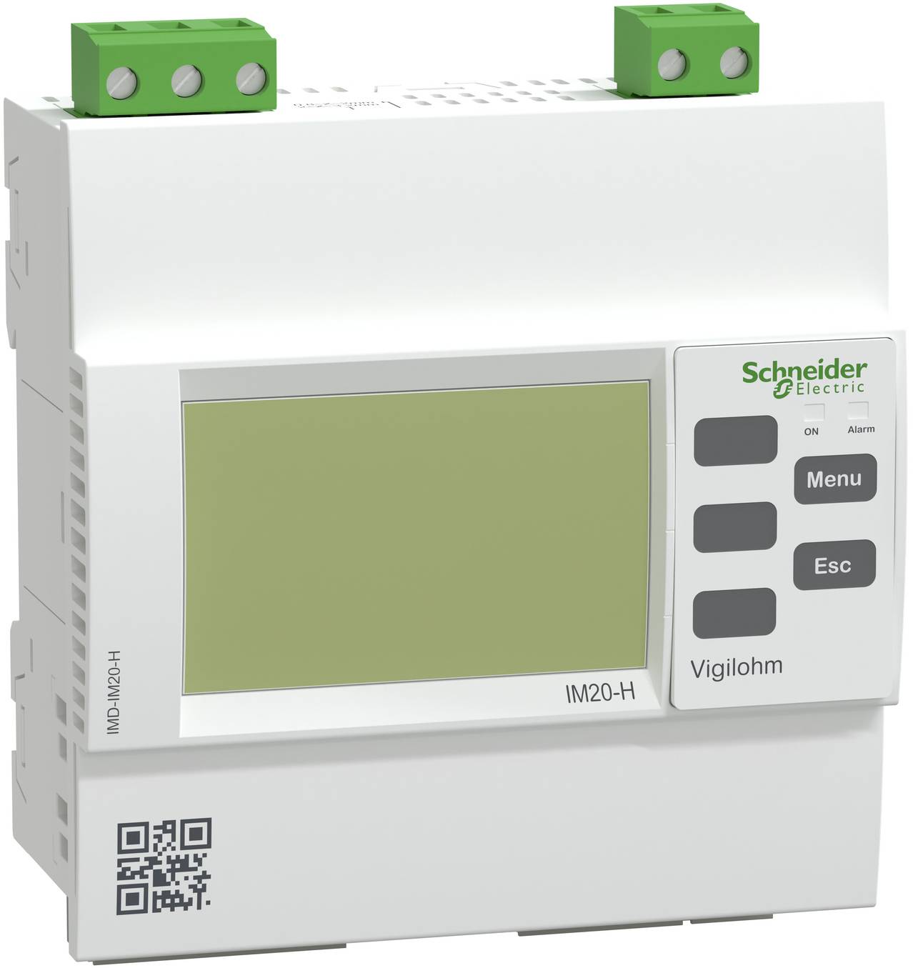 Schneider Electric Vigilohm IM20-H Isolationsprüfgerät mit Display, Menü- und Esc-Tasten sowie Anschlussblöcken oben.
