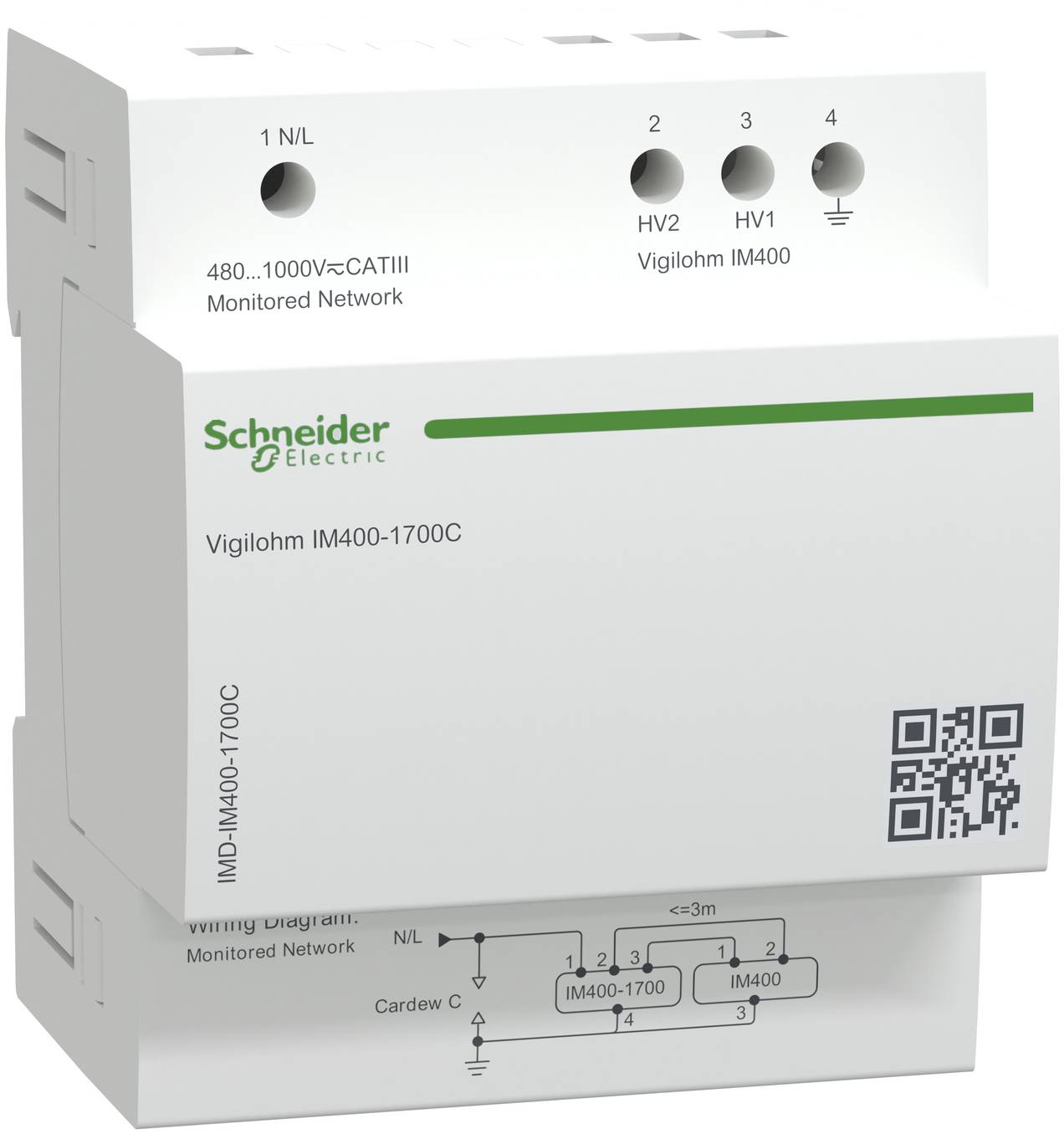 Schneider Electric Vigilohm IM400-1700C Überwachungsmodul für Netzwerkisolation mit Statusanschlüssen und Schaltplan.