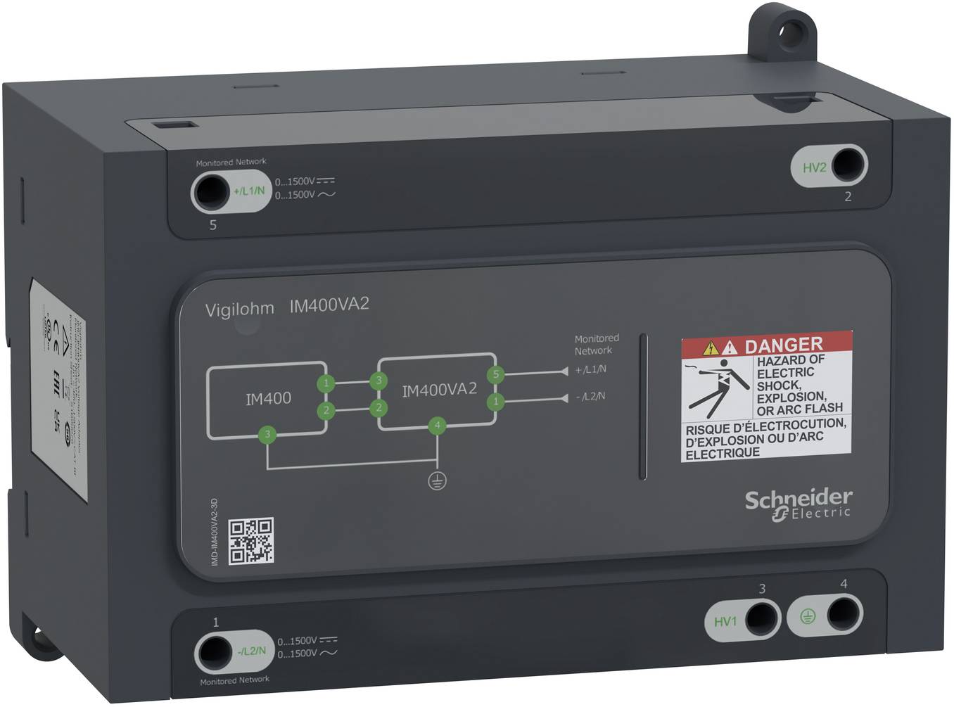 Schneider Electric VigiHOM IM400VA2 Fehlerstromschutzschalter-Modul mit mehreren Anschlüssen und einer Warnbezeichnung 