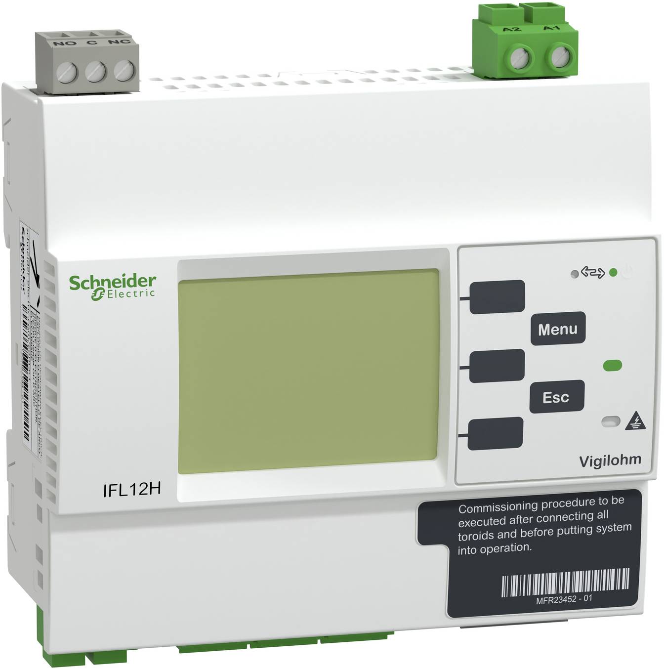 Schneider Electric Vigilohm IFL12H Isolationsüberwachungsgerät mit LCD-Display, Menü- und Esc-Tasten sowie Anschlussleisten oben.