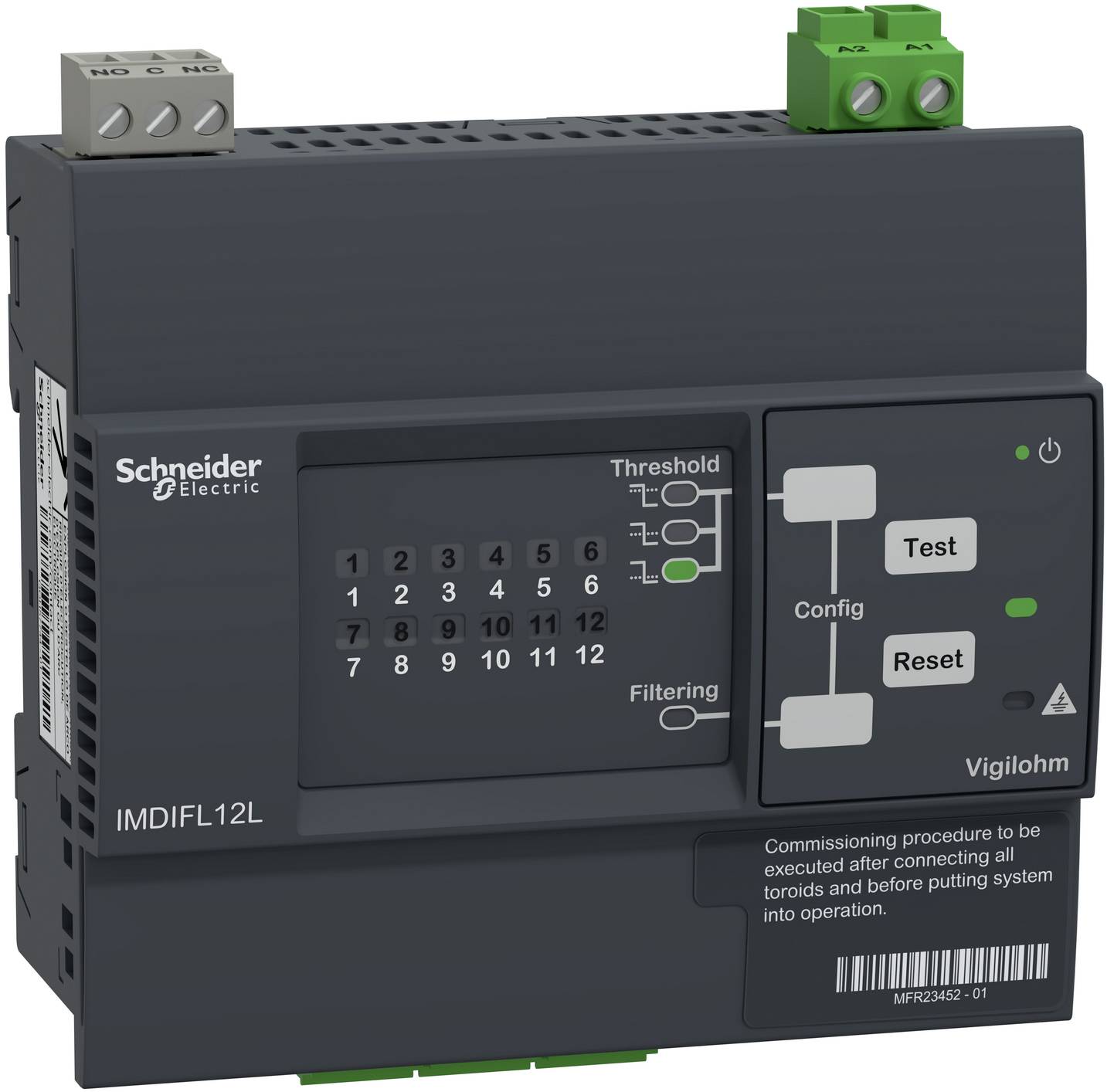 Schneider Electric Vigilohm IMDIFL12L Isolationsprüfgerät mit Test- und Reset-Tasten, Schwellenwert-Anzeigen und Anschlussklemmen.