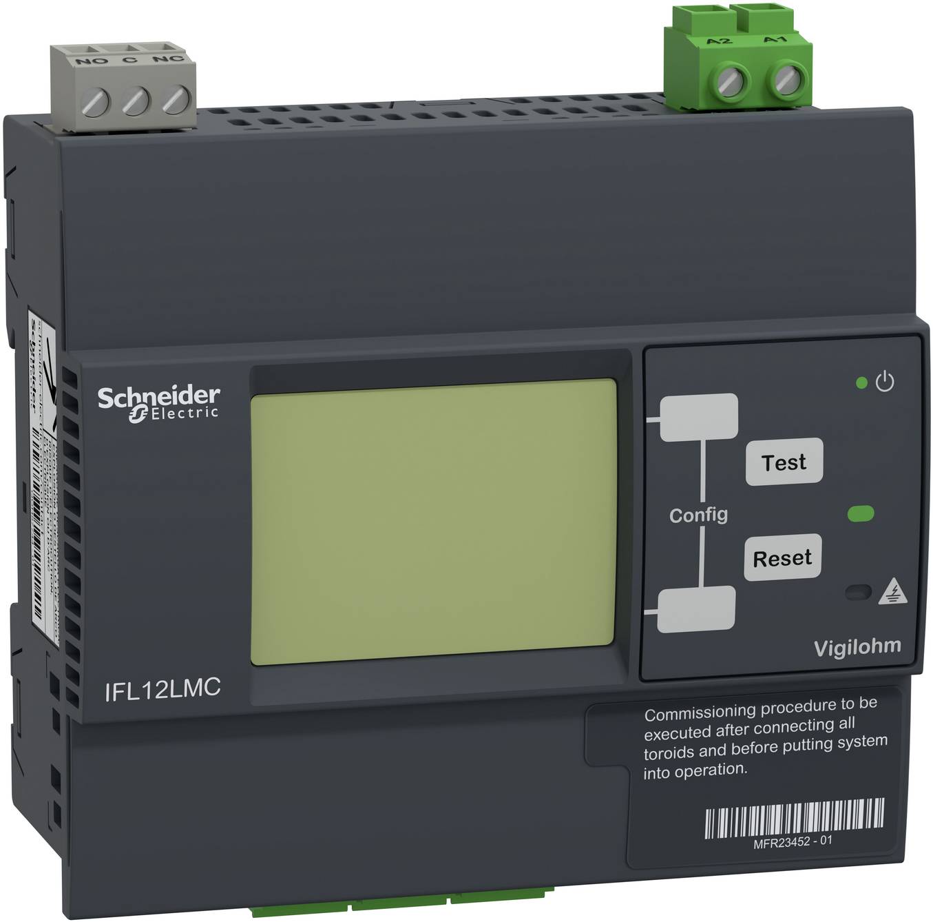 Schneider Electric Vigilohr IFL12LMC Steuermodul mit Anzeigebildschirm, Konfigurationsdiagramm und Test- und Rücksetz-Tasten.