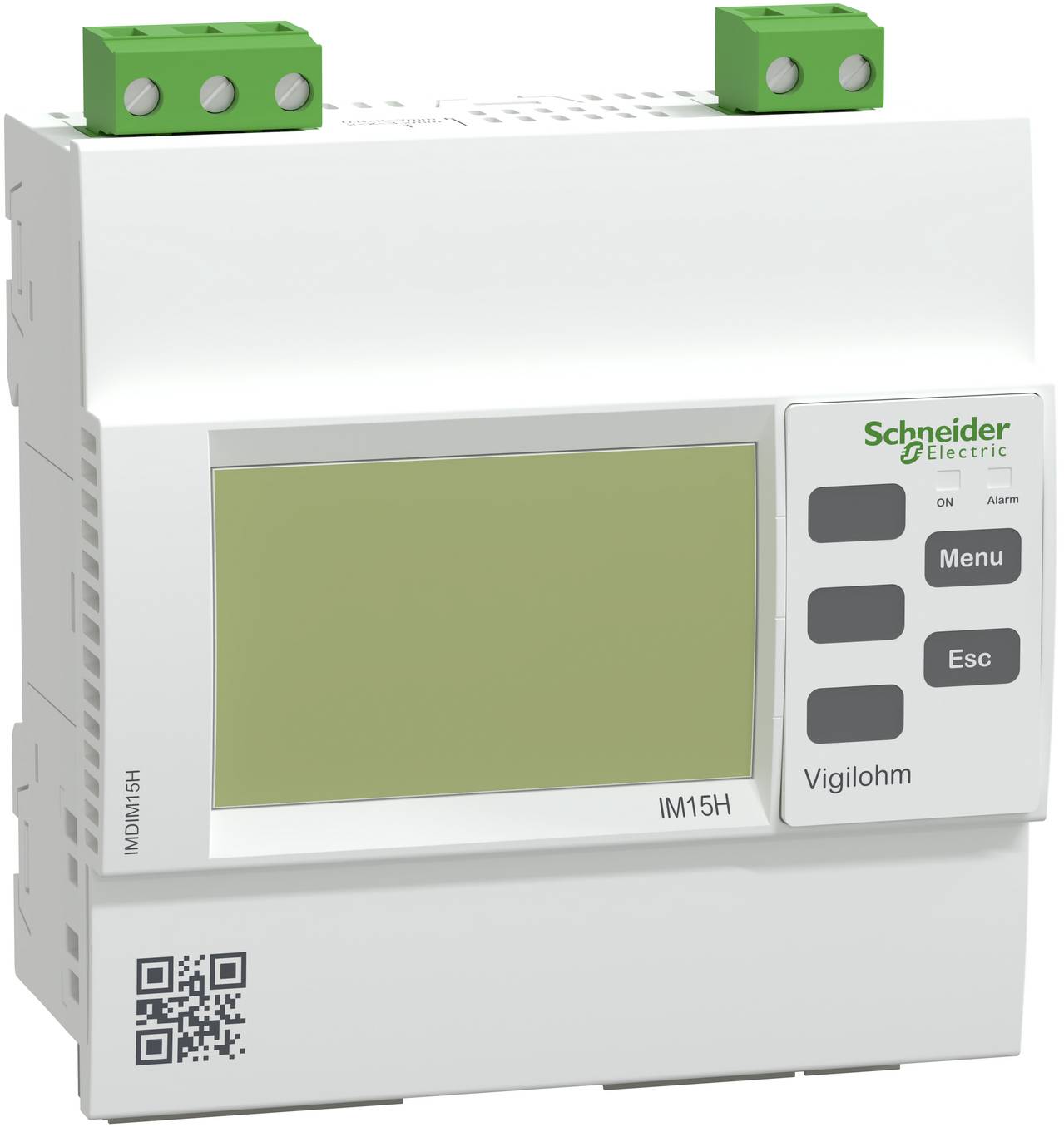Schneider Electric Vigilohm IM15H Isolationsüberwachungsgerät mit Display, Menü- und Esc-Tasten sowie Anschlussklemmen oben.