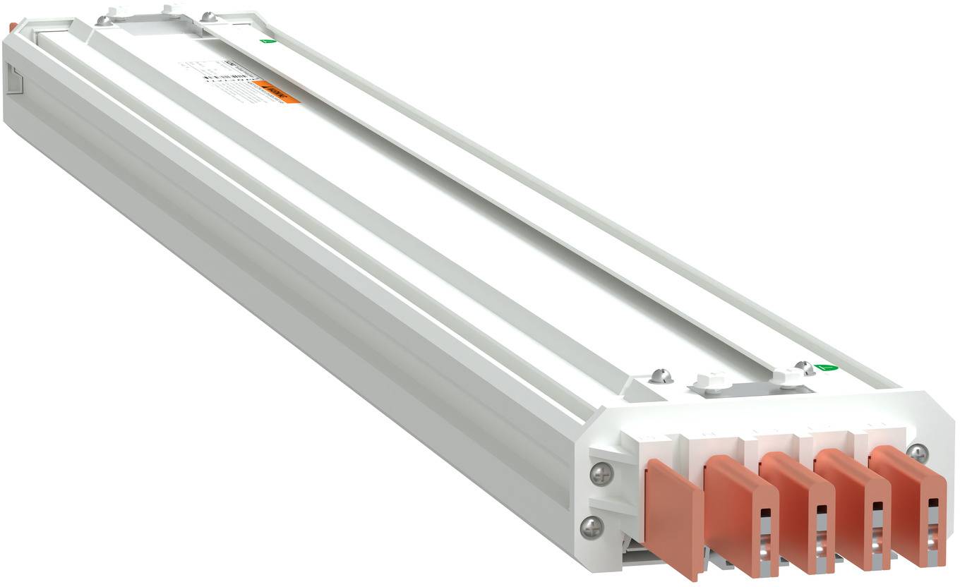 Langes weißes industrielles Elektromodul mit fünf orangefarbenen Steckverbindungen an einem Ende