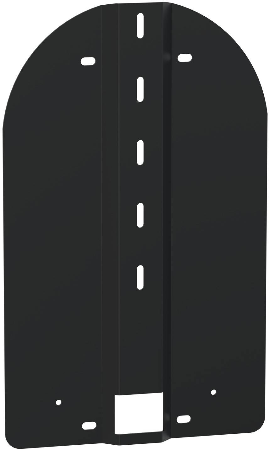 Schwarzes Verkehrsschild mit einer gestrichelten weißen Mittellinie und kleinen Fahrbahnmarkierungen, die einem Straßensymbol oder Markierungspanel ähneln.