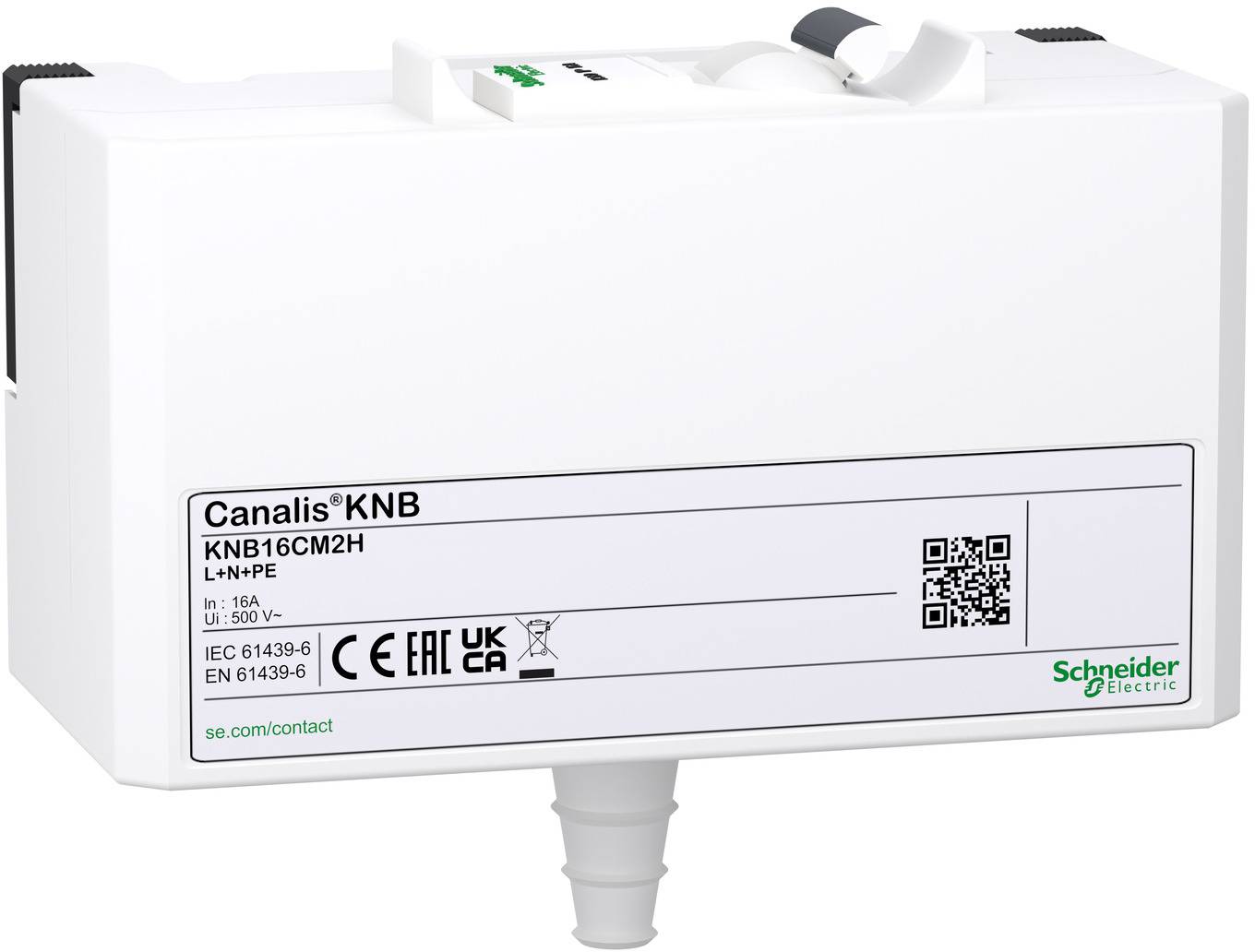 Weißes Schneider Electric Canalis KNB-Elektrogerät mit Produktetikett und QR-Code, Vorderansicht auf einem Verbindungsstutzen gezeigt.