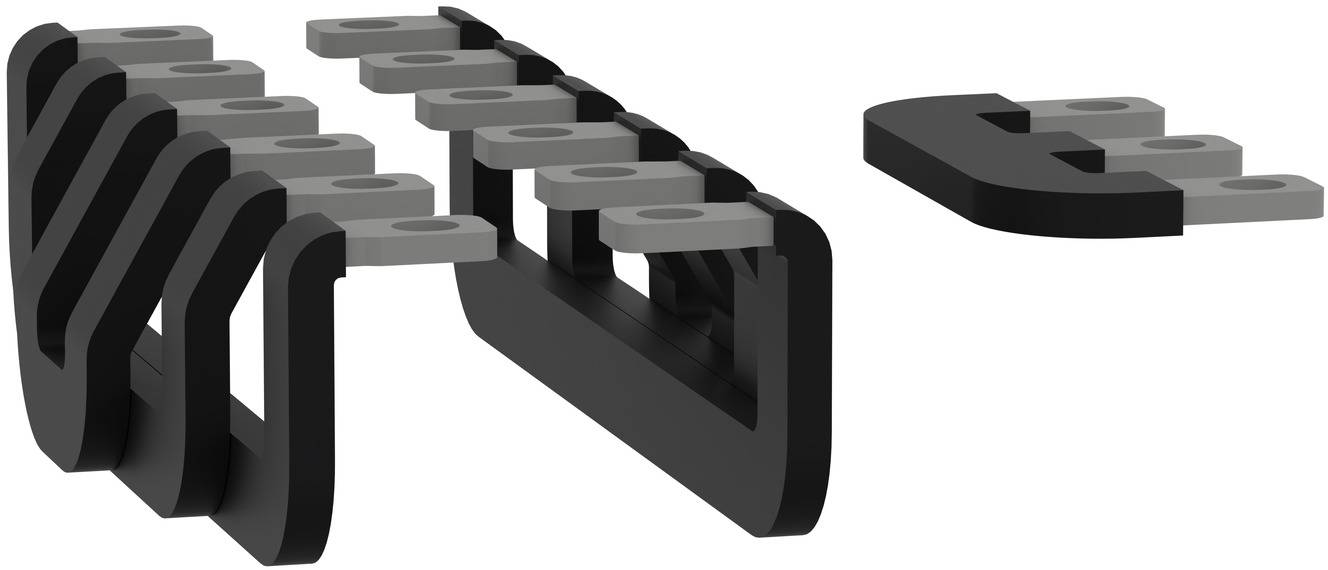 Explodierte 3D-Ansicht einer schwarzgrauen Kunststoffverbinderanordnung mit mehreren verzahnten Teilen, die getrennt angezeigt werden, um zu zeigen, wie sie zusammenpassen.