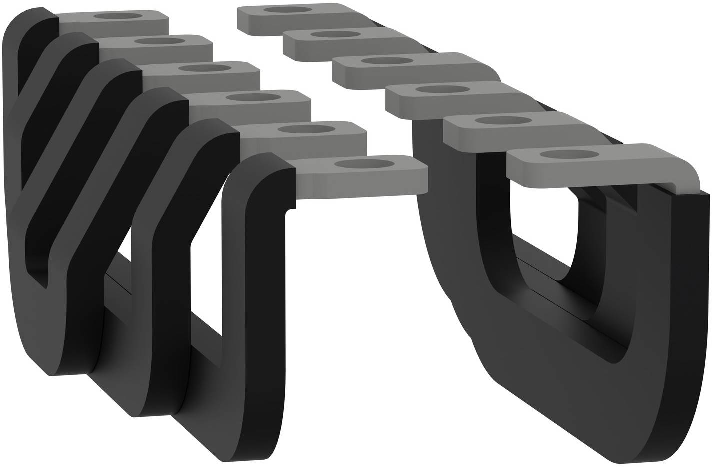 3D schwarze und graue ineinandergreifende Kettenglieder oder U-förmige Glieder in einer Reihe auf weißem Hintergrund angeordnet.