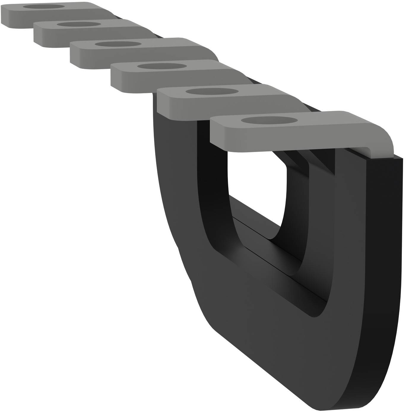 3D-Rendering einer schwarzen Kette oder miteinander verbundener verschlungener Formen, die diagonal auf weißem Hintergrund in die Ferne führen.